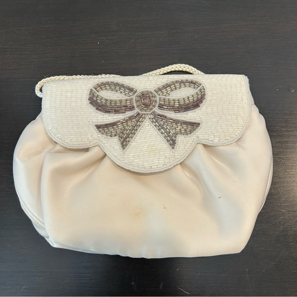Vintage Satin and Beaded Bow Crossbody Bag Clutch Ivory Wedding Bridal